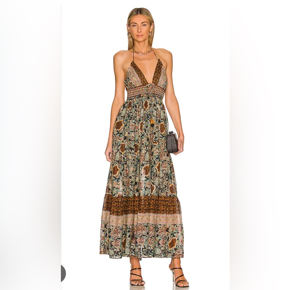 Free People Floral Halter Maxi Dress in Green, Brown, Rust